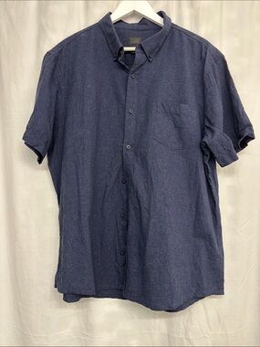 14th & Union Men's Navy Linen Blend Short Sleeve Button-Up Shirt Pocket 2XL